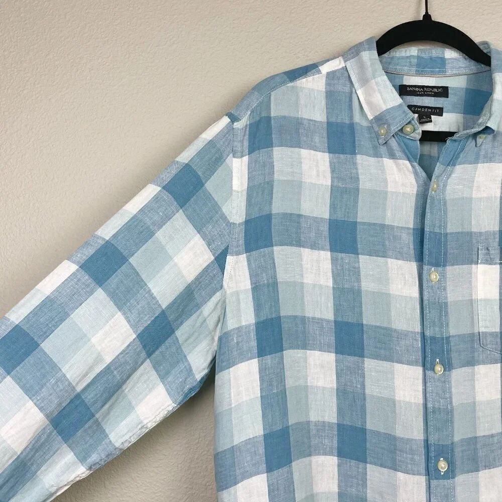 Banana Republic Men's Large Camden Fit 100% Linen Plaid Shirt Collare Button Blu
